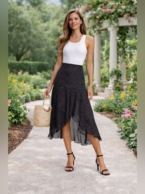 Adrianna Papell Silk Polka Dot Midi Skirt Asymmetrical Flowing Spring Summer